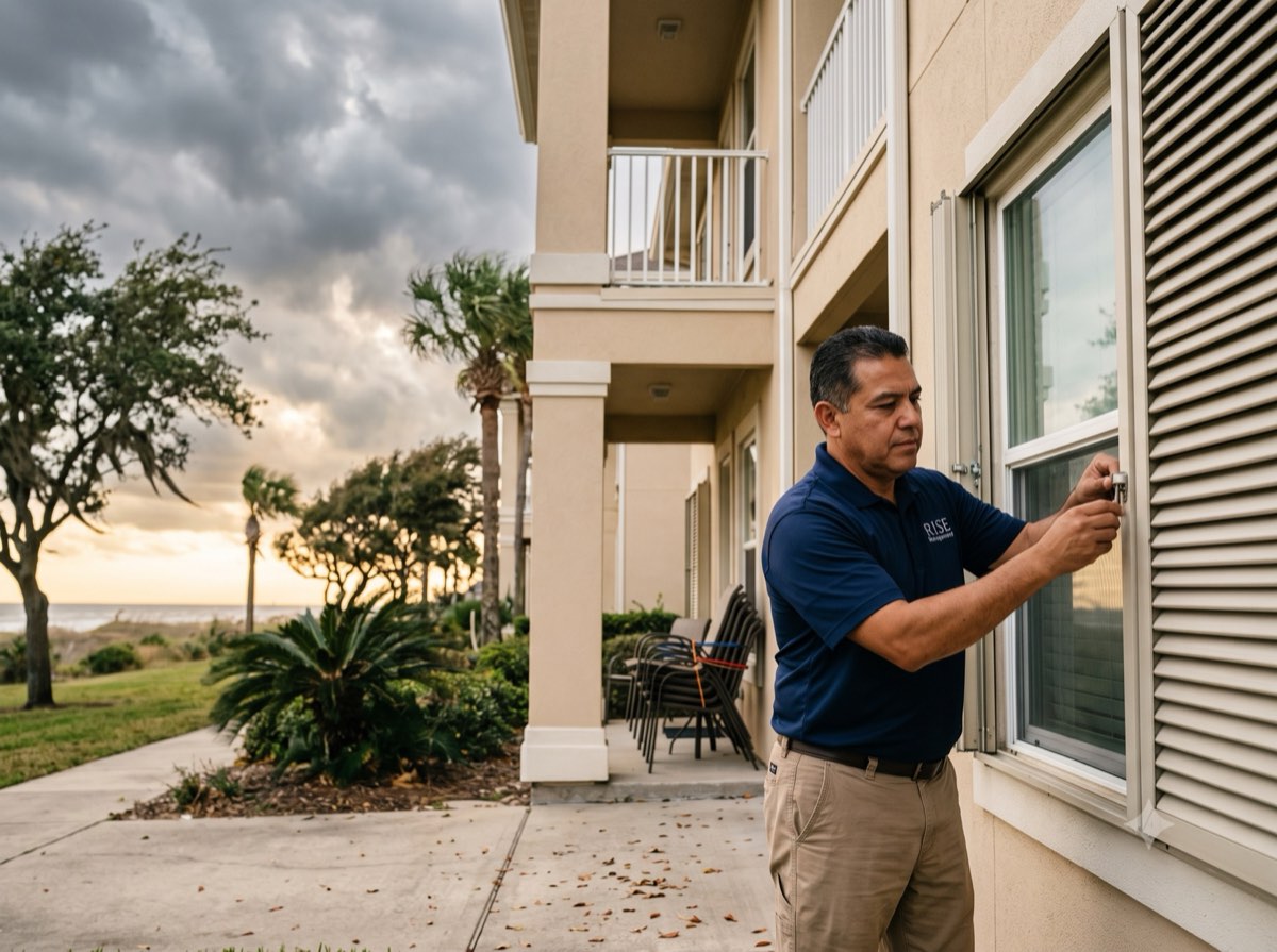 RISE association manager securing storm shutters on a coastal Houston condominium ahead of a Gulf hurricane