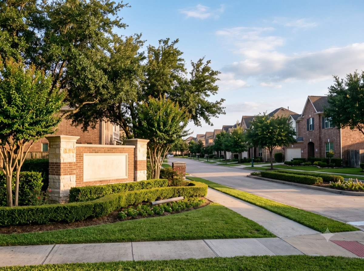 Brick entrance monument and tree-lined street of a deed-restricted HOA community in Greater Houston
