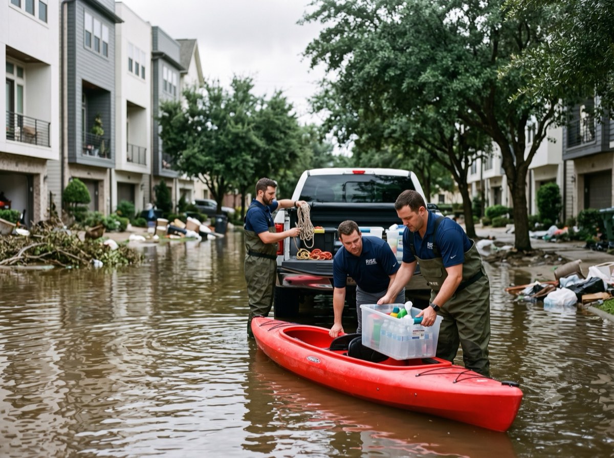 RISE team members loading emergency supplies by kayak on a flooded Houston street during the Hurricane Harvey response