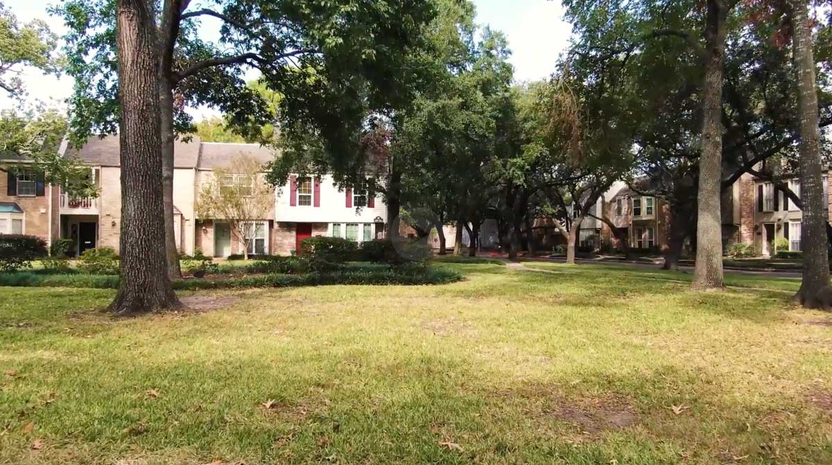 Open lawn shaded by mature oak trees between townhome buildings at Georgetown Townhomes in Houston