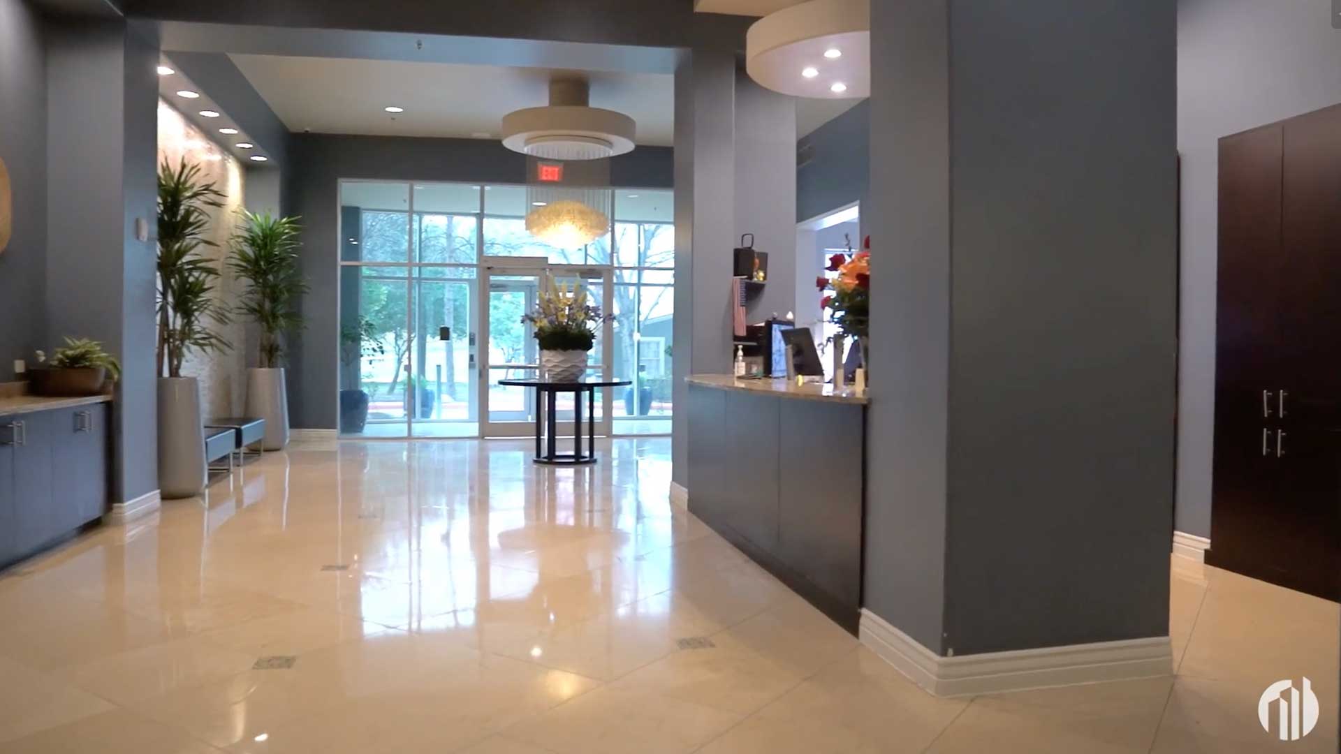 Designer lobby lounge and seating at Vidorra Condominiums